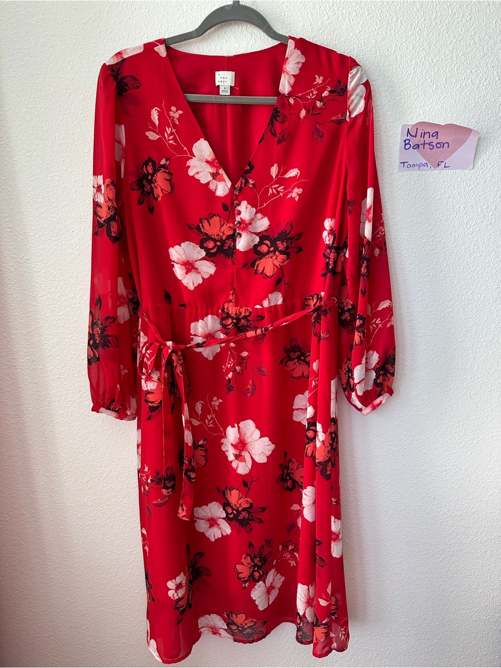 a new day Red Floral Wrap Midi Dress with Self Tie